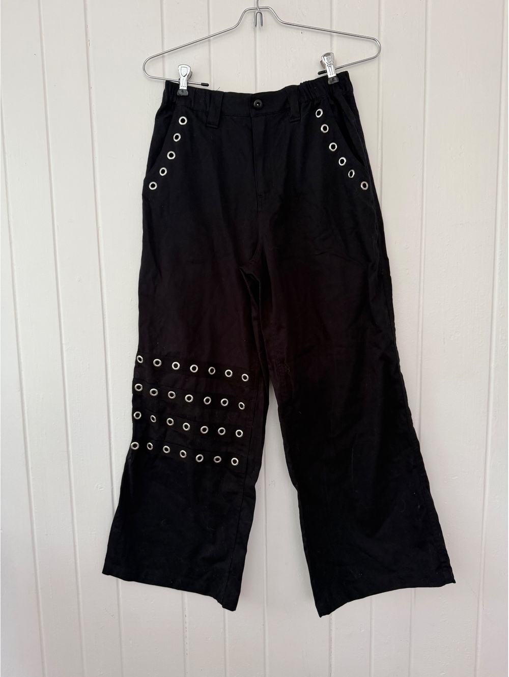 Black Wide Leg Pants with Silver Eyelet Detailing, Elastic Waist, Size Medium